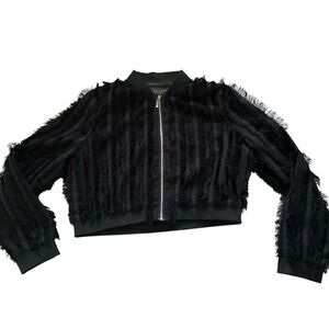 Vintage Valiant Paris women’s crop jacket black zipper fringe tassel frill XL